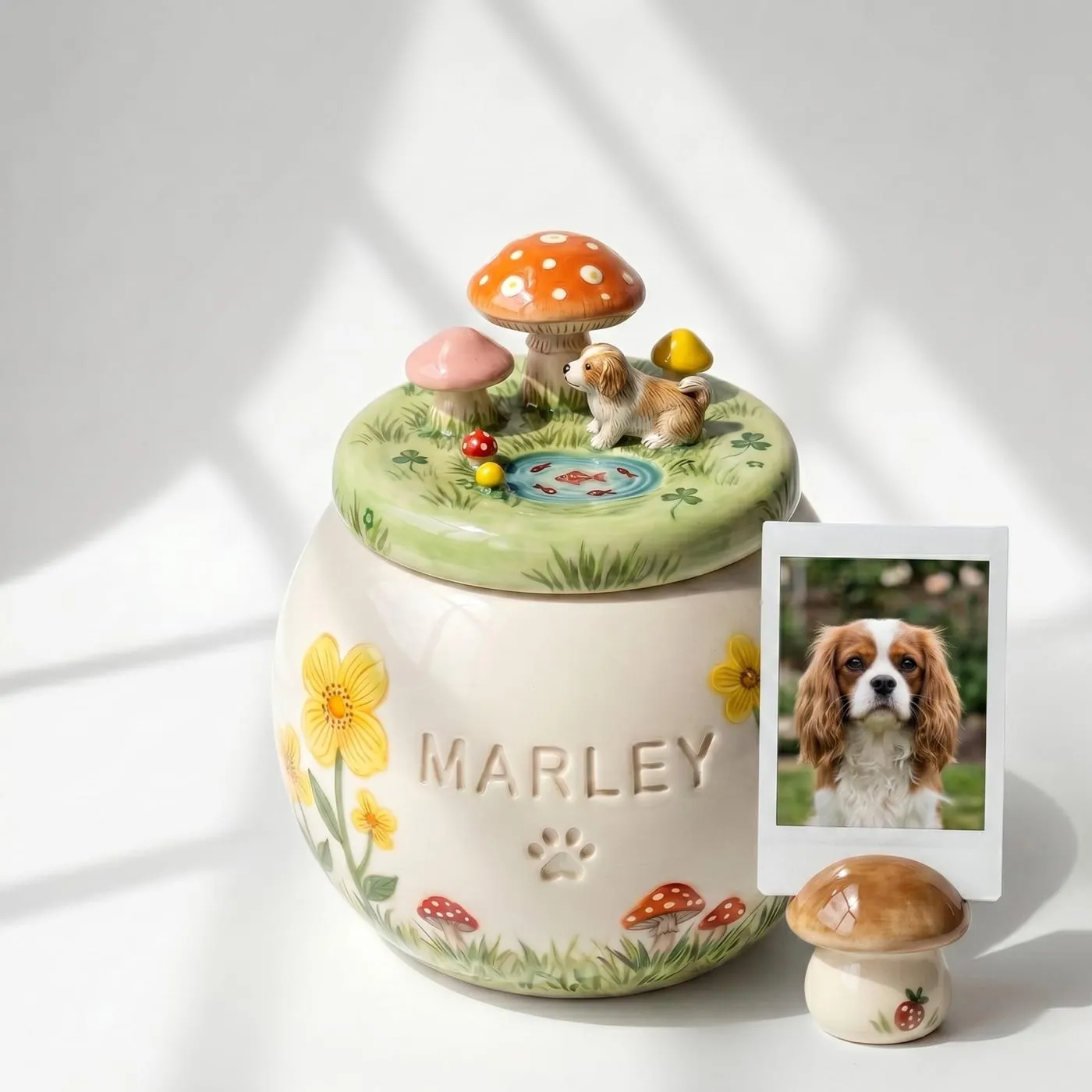 A hand-sculpted ceramic pet urn with a dog figurine and a photo